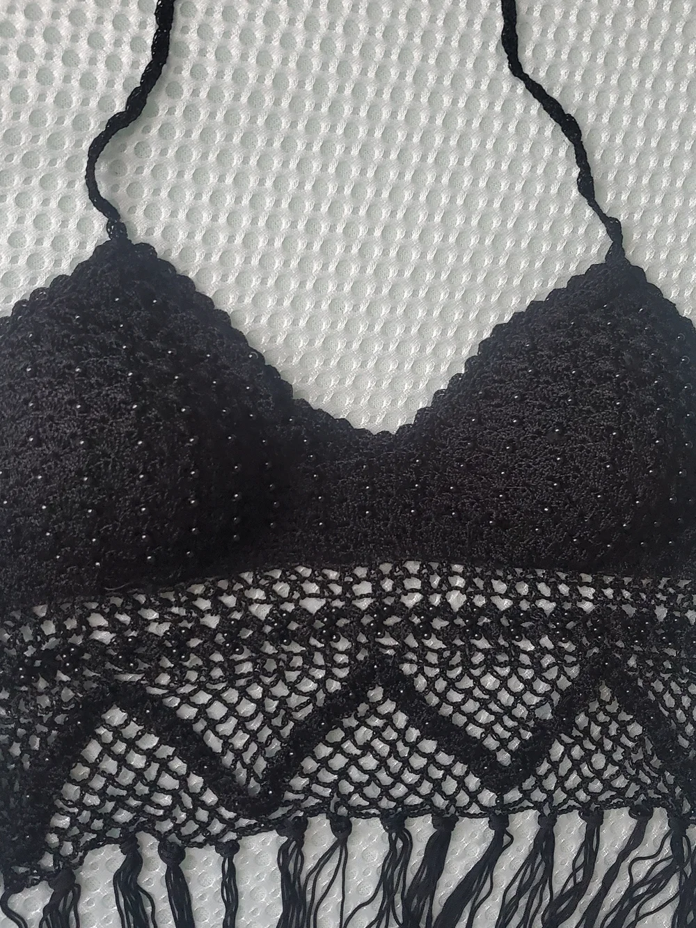 Black Crochet Fringe Halter Crop Top - Picture 5 of 5